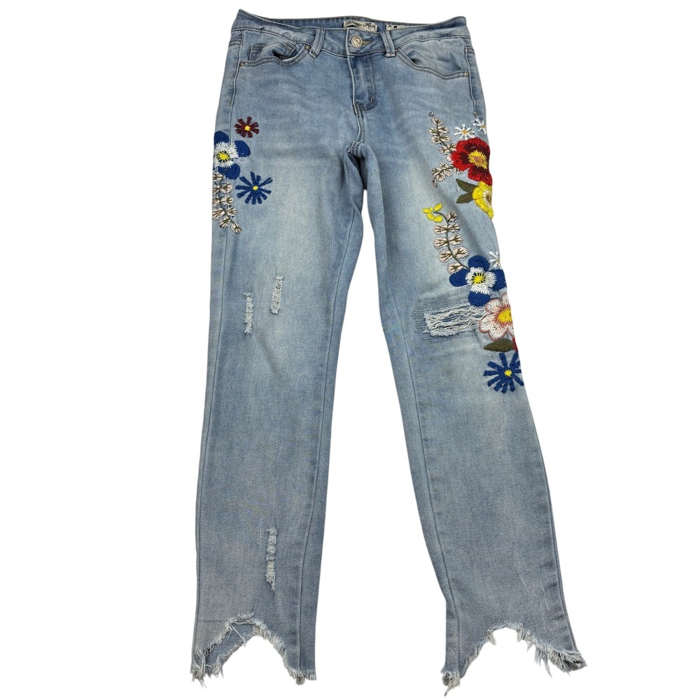 Indigo Rein Floral Embroidered Distressed Ankle Jeans Light Wash Sharkbite Hem 5